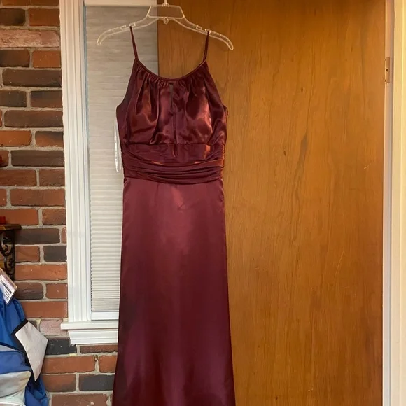maroon silk bridesmaid dress Two Piece Burgundy Long Satin Prom Dress – FancyVestido main image 0
